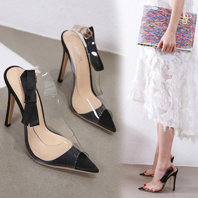 

Liren 2019 Summer Fashion Sexy Bow Decoration Buckle Sandals Fish Mouth Open Toe Transparent Strap High Heels Sandals Lady Party