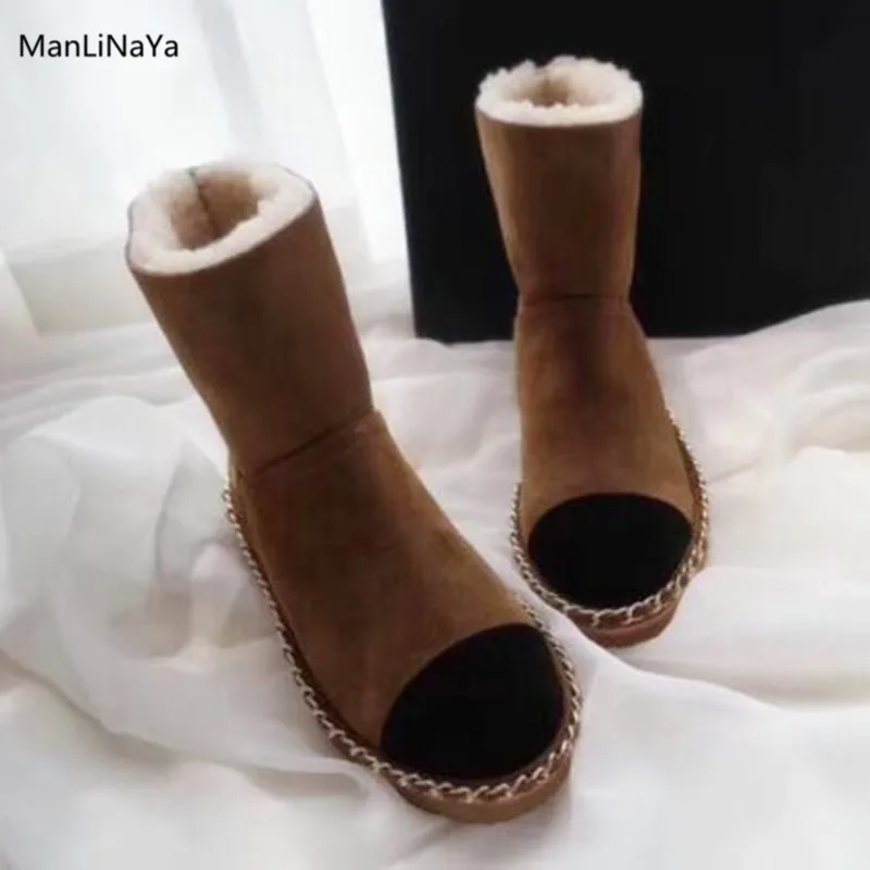 

Manlinaya Soft Oxford Sole Metal Chain Women Boots Brand Design Mixed Colors Women Shoes Slip on Round Toe Female Snow Boots
