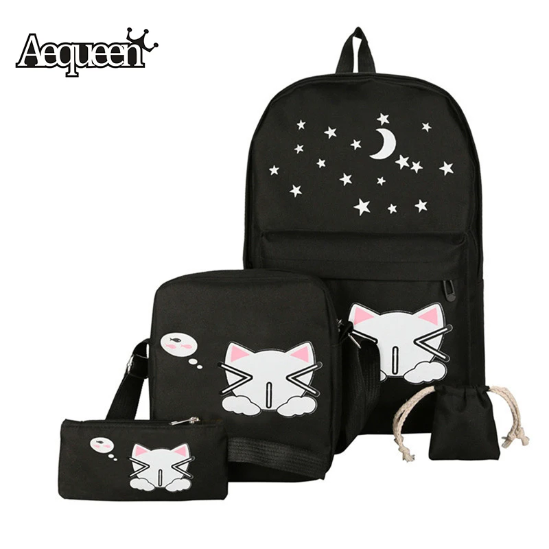 AEQUEEN 4pcs Backpack Set Cute Cat Schoolbag Canvas Rucksack Girls Teenager Shoulder Bag Traveling Daypack Black Mochilas Purse AEQUEEN 4pcs Backpack Set Cute Cat Schoolbag Canvas Rucksack Girls Teenager Shoulder Bag Traveling Daypack Black Mochilas Purse