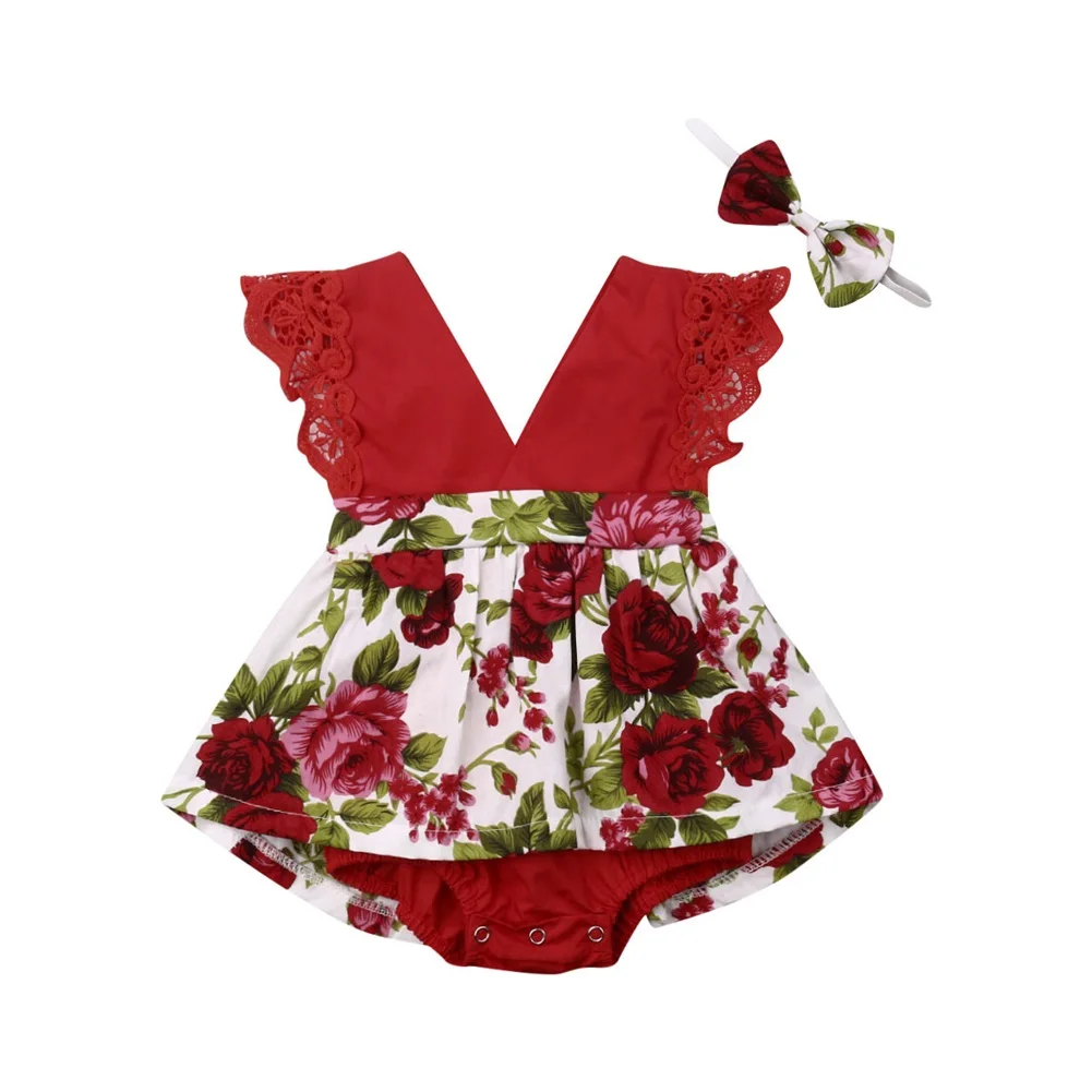 Летний красный кружевной комбинезон с цветочным принтом для новорожденных девочек, боди, одежда, повязка на голову