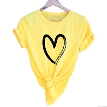 

Women Summer T-shirts Plus Size 5XL Heart Print Casual T Shirt Short Sleeve Girls O-neck Top white Pink Yellow Color T-shirts