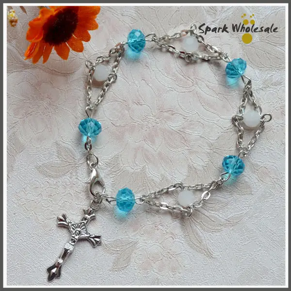 

5pcs/lot Original Design Catholic Blue Glass Bead Cross Rosary Bracelet Women's Wedding Jewelry Birthday Gifts Party Favors