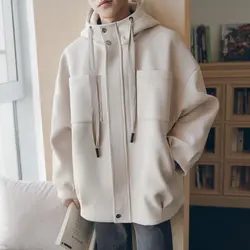 Мужская Красивая шерстяная куртка с капюшоном Молодежная Корейская трендовая свободная повседневная куртка мужская