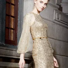 Сексуальное Золотое кружевное лоскутное платье с круглым вырезом и рукавами-фонариками; осеннее модное элегантное вечернее платье; vestidos Q139