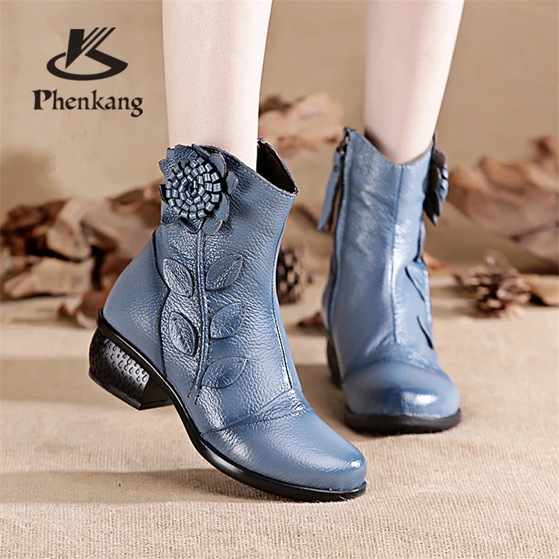 

Women winter boots woman ankle boots genuine leather handmade zipper thick fur boots casual mom soft winter boots for women