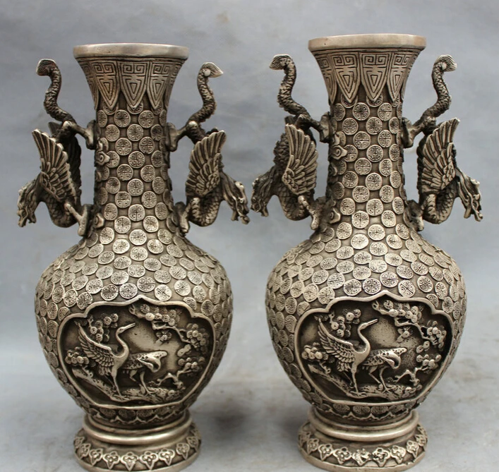 

song voge gem S2430 10" Chinese Silver Dragon Phoenix Crane Pine Tree Statue Palace Vase Pot Pair