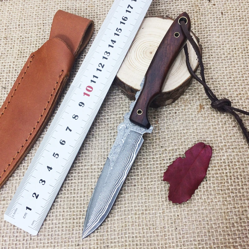 Damascus Steel Knives Fixed Blade Bloody Rosewood Handle 58HRC Tactical