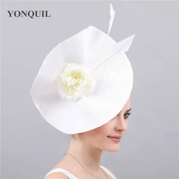

Imitation straw big derby fascinator hat women wedding party chapeau cap hair pin ladies chic headwear with floral accessories