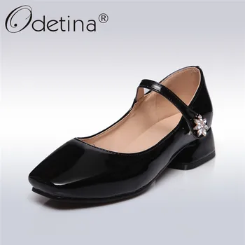 

Odetina 2019 New Fashion Mary Janes Pumps Square Chunky Heels Shoes Patent Leather Pumps Buckle Starp Crystal Shoes Big Size 43