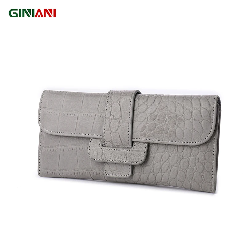 

GINIANI Real Leather Women's Basic Long Plug-in Cover Wallet Female Black Grey Crocodile Embossed Multi Card Coin Purse