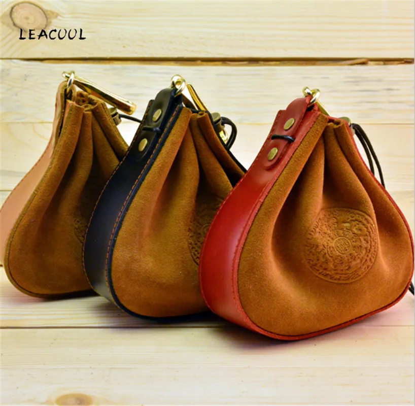 Buy LEACOOL 2018 Split Leather Coin Purse Coin Bag Drawstring Pouch Black/Red