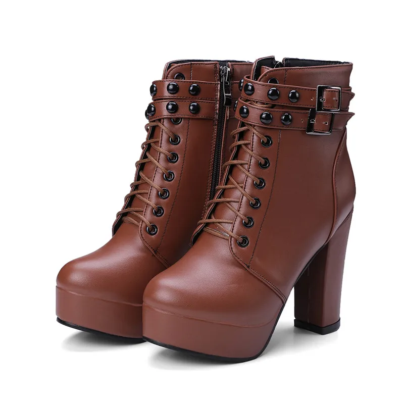 Ботильоны с пряжкой в стиле панк-шпильки женские ботинки на платформе с массивным каблуком, большие размеры 43, 44, 45, 46, 47, 48 женские мотоциклетные ботинки на шнуровке - Цвет: brown boots