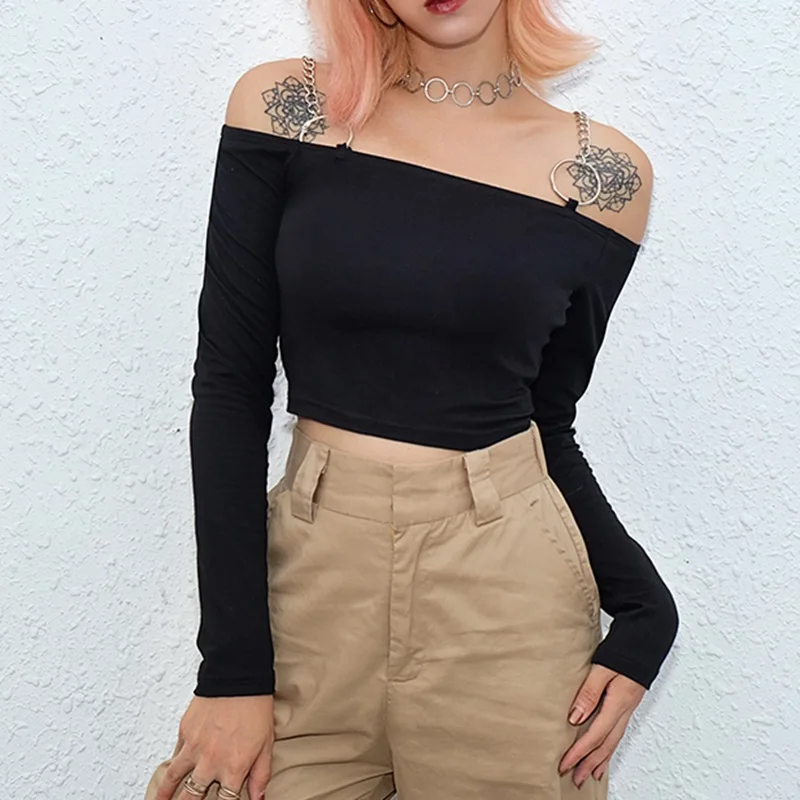 ArtSu Fashion Chain Off the Shoulder Tops for Women Black Long Sleeve Crop Top T-shirt Femme Basic Shirt Streetwear ASTS20611