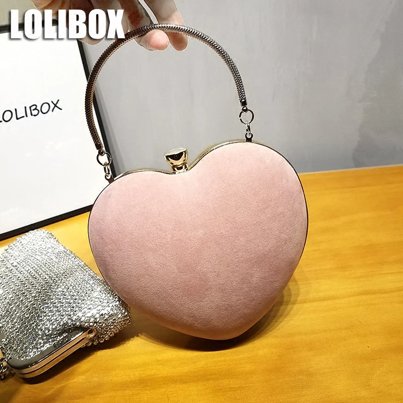 

LOLIBOX Crossbody Bags For Women Chain Love Heart Shape Velvet Handbag Peach Heart Women Messenger Bags Evening Party Bag