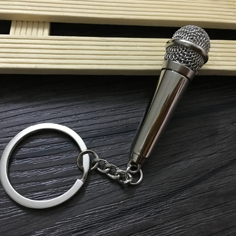 

RE 50pcs/Lot Free Shipping Microphone Keychain Charms Car Key Ring Holder Polished Alloy Keyfobs Bag Keyring Creative Jewelry