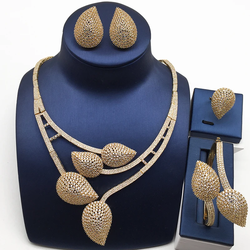  Nankiya nouvelles feuilles conception ensemble de bijoux de mariée clair blanc cubique zircone mode