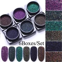 6 коробок голографическое искусство ногтей глиттер, сияющая пудра Holo Дизайн ногтей украшения УФ гель лак Советы пигмент пыль пудра для ногтей
