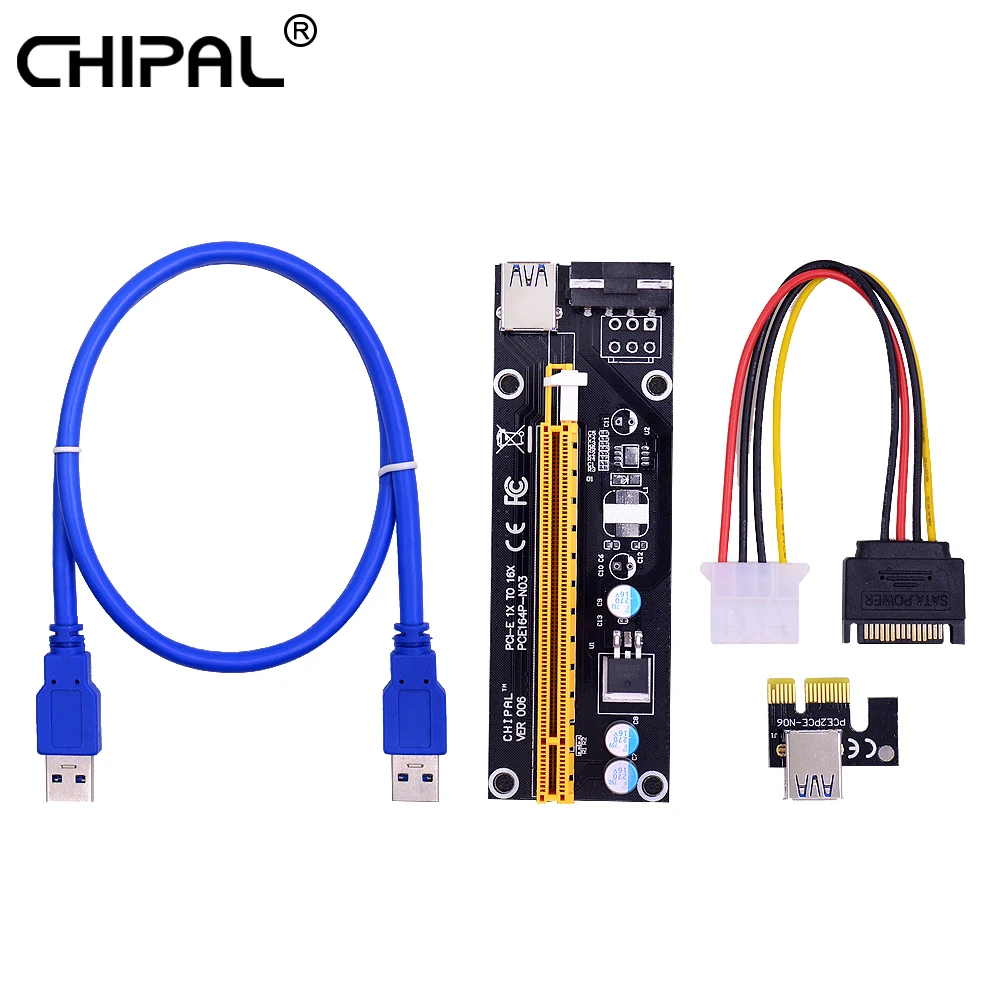 

CHIPAL VER006 PCI-E Riser Card with 0.6M USB 3.0 Cable PCIE 1x to 16x Extender SATA to 4Pin Molex Power Cord for Bitcoin Miner