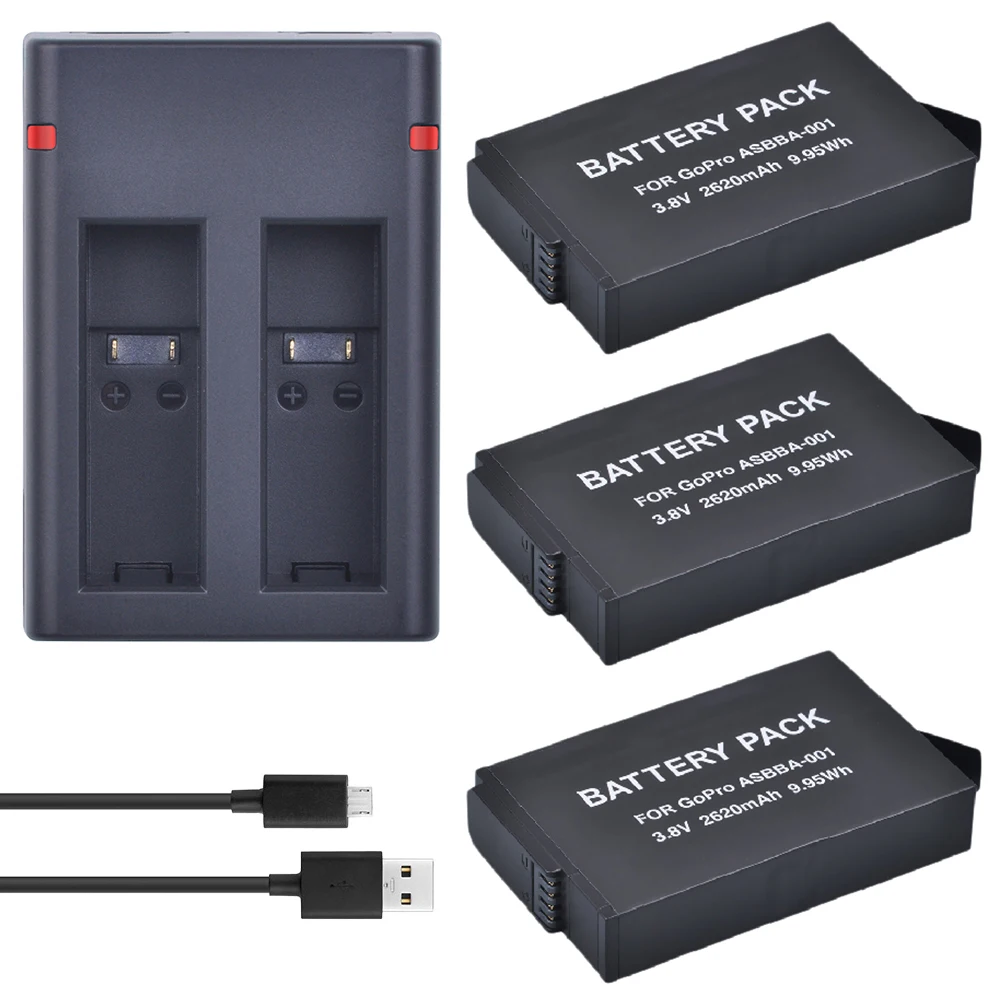 

Tectra 3Pcs 2620mAh GoPro ASBBA-001 Battery + 2-Channel USB Dual Charger for Gopro Fusion 360-Degree Action Camer.