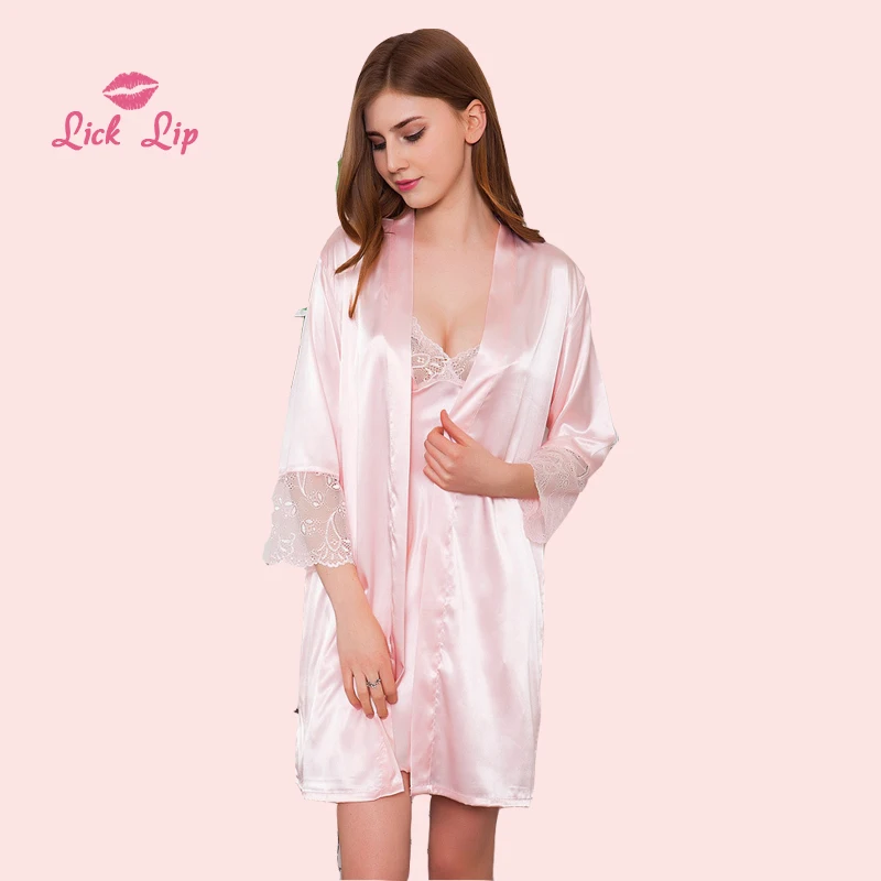 Лизать губ Для женщин Лето Платье комплекты Ванная комната VS кружевные прозрачные Атлас женская ночная рубашка халат мини-платье-кимоно