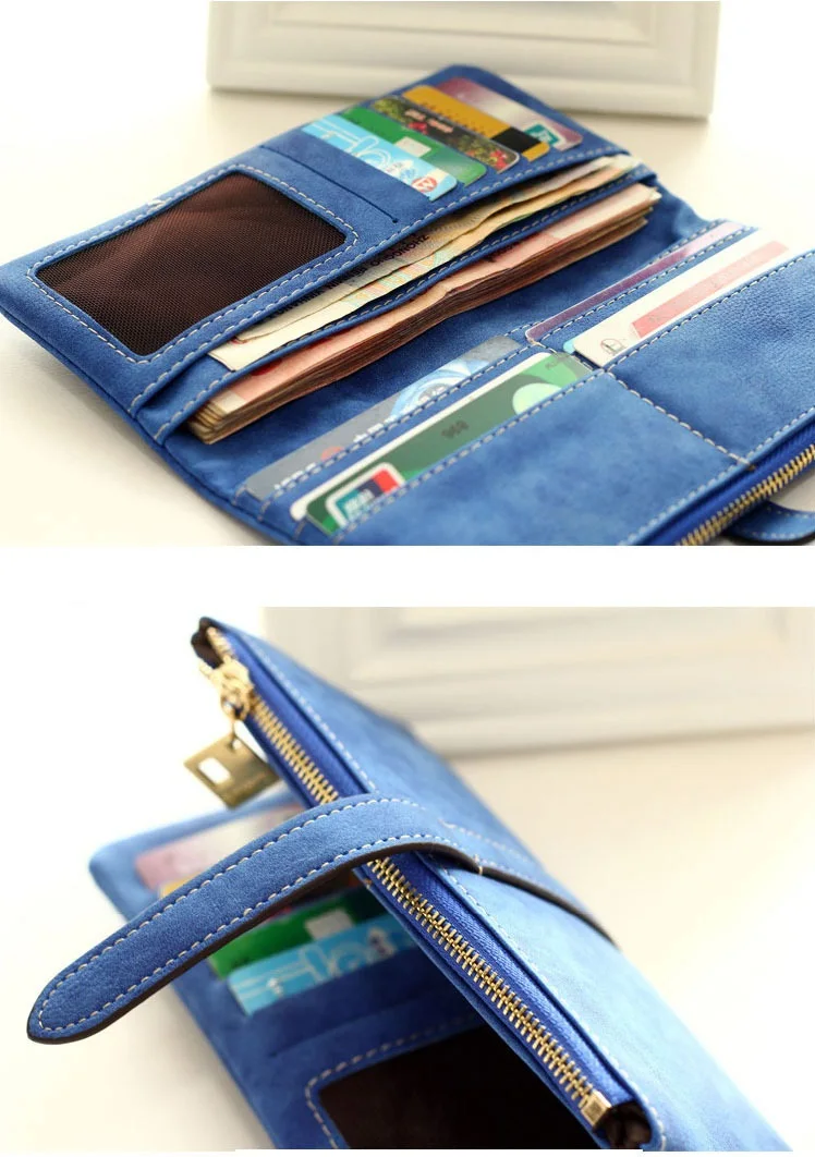 Women Wallets Drawstring Nubuck Leather Zipper Lady's Wallet Women's Long Design Purse Two Fold 7 Colors Female Clutch