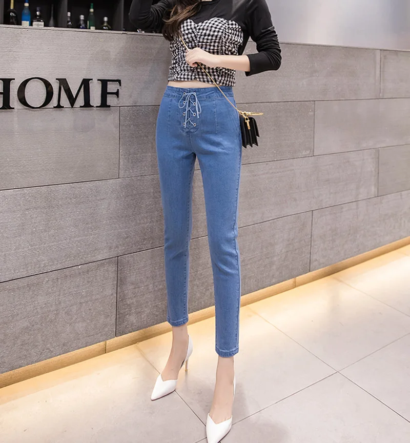 Уличная Drawstring карандаш джинсы женские повседневные Карманы узкие брюки стрейч на шнуровке джинсовые джинсы женские брюки 2019