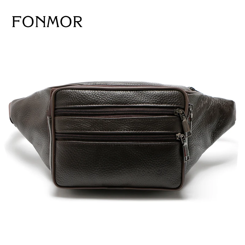

FONMOR Men's Fashion Belt Bag Business Functional Tote High Quality Male Genuine Leather Waist Pack Large Capacity Zipper Bag