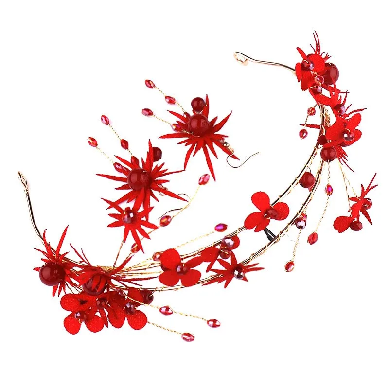 Изысканная красная роза китайский кристалл невесты ободки цветок лист свадебная тиара и серьги набор свадебные аксессуары для волос ювелирные изделия BH - Окраска металла: As Show