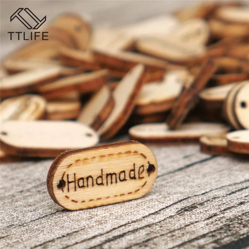 

TTLIFE 100Pcs Natural Wood Color Handmade Tag Label Wooden Shaped Embellishments Ornaments 2-Holes Button Sewing Wooden Tags New