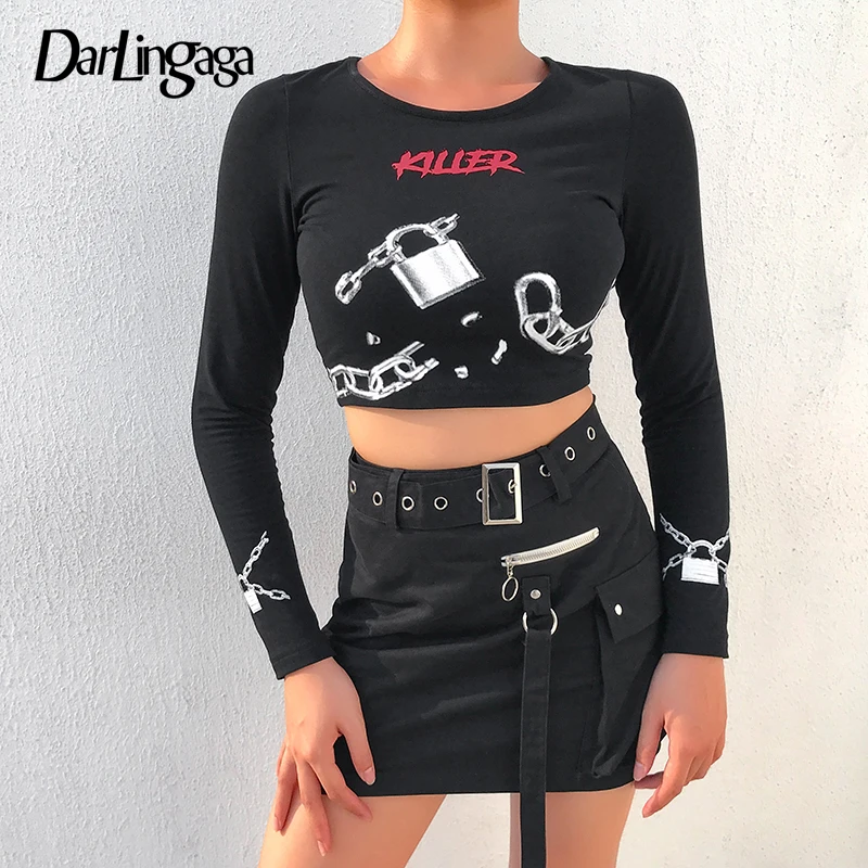 

Darlingaga Steampunk Cotton Black Autumn Female T-shirt Long Sleeve Bodycon Crop Tops Tees Streetwear Tshirt Chain Print Clothes