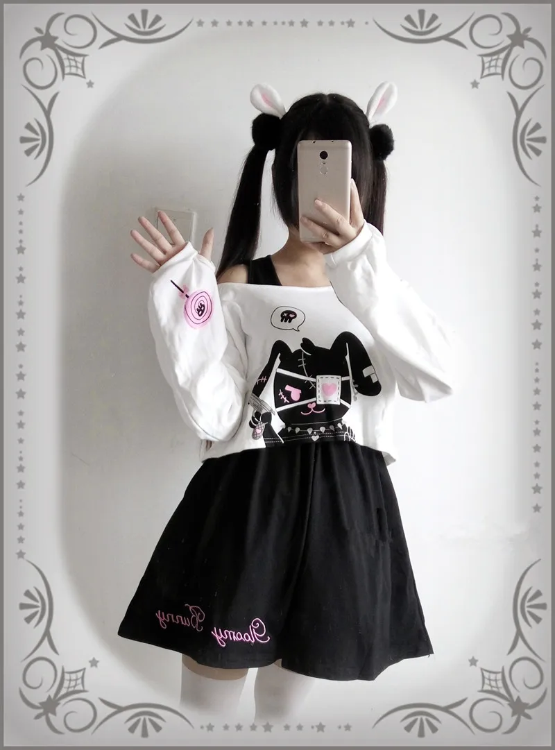 Модный костюм в японском стиле «лолита» из 2 предметов на весну и лето с рисунком кролика топ для девочек+ Платье милое черное платье для девочек с рисунком кролика