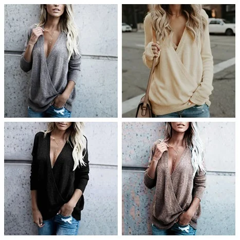 Women Sexy Deep V Neck Sweater Wrap Pullovers Autumn Winter Fashion Female Knitted Jumpers Plus Size Hot Sale