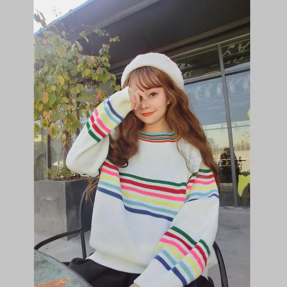 

Women's Japanese Harajuku Cute Sweet Rainbow Stripe Loose Long Sleeve Sweater Female Korean Kawaii Knitted Jumper And Pullover