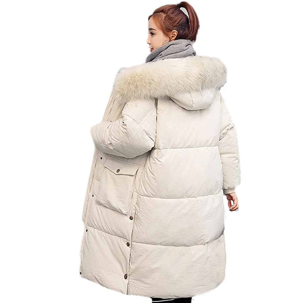 Женское зимнее пальто с капюшоном и меховым воротником, свободная негабаритная куртка, Женская длинная новая пуховая парка для женщин 811