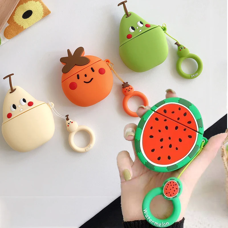 

Cute Funny Emoji 3D Fruit Watermelon Pear Peach Silicone Case for Airpods 1 2 Wireless Earphone Headphone Persimmon Orange Cover