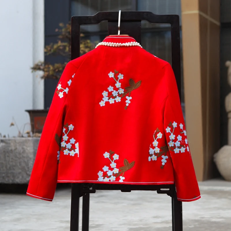 Видеть оранжевый ручной настройки китайский Florals красный Вышивка шерстяные Cheongsam толстые Винтаж куртка Топы корректирующие so3317
