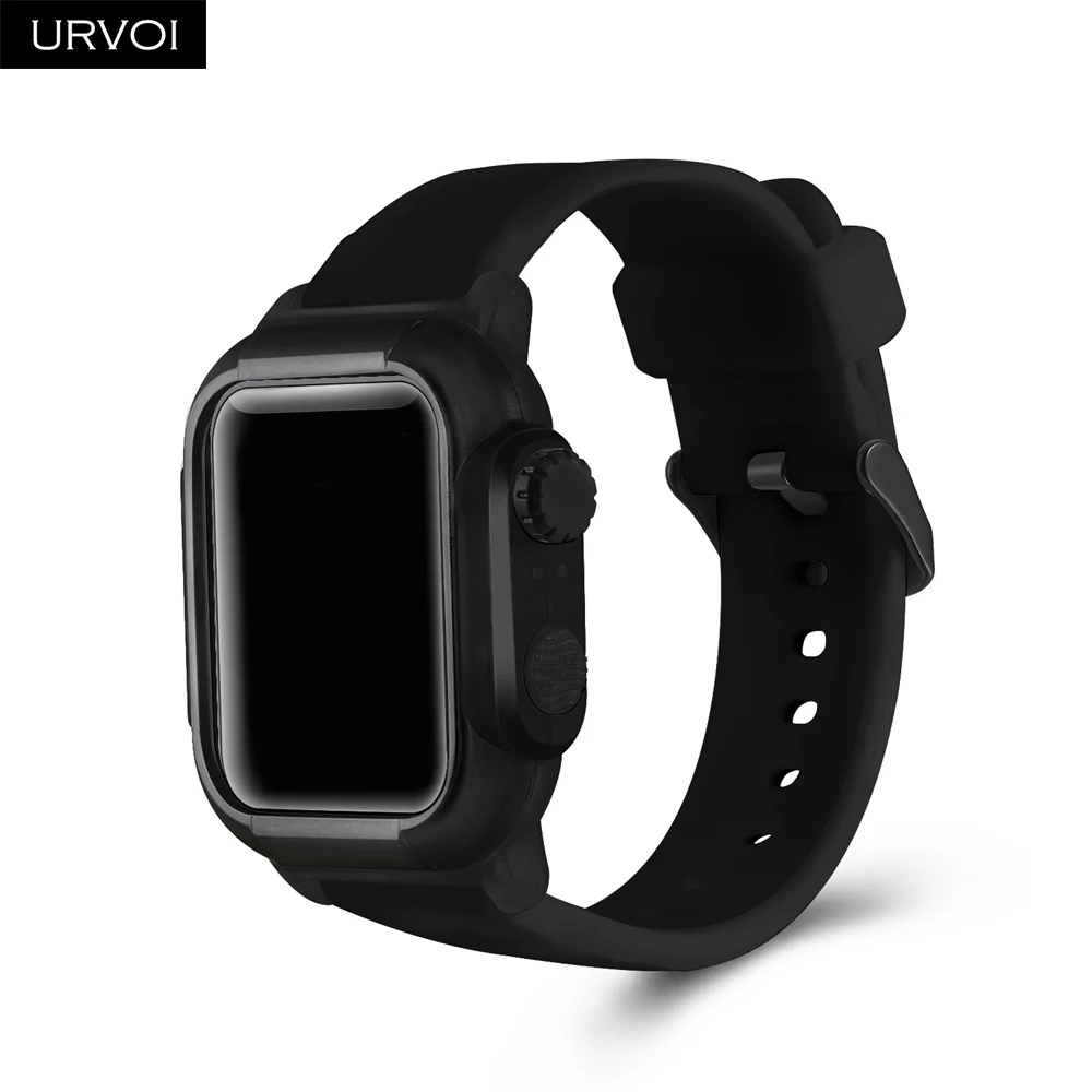 Чехол URVOI для Apple Watch series 4 3 2 силиконовый ремешок с чехлом для iWatch Водонепроницаемый Мягкий плотно прилегающий antishock 44 мм - Цвет ремешка: Black