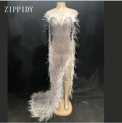 

Fashion Shining White Feather Mesh Dress Birthday Celebrate See Through Transparent Net Dress Evening Costume Dress YOUDU