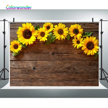 

Photographic Backgrounds Brown Vintage Wooden Floor with Yellow Sunflowers 7x5ft Bridal Backdrops for Wedding Party Baby Shower