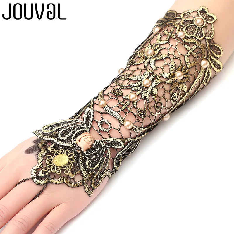 

JOUVAL Handmade Sexy Gothic Women Bracelet Black&Gold Lace Finger Floral Bracelet Simulateds Pearl Rose Lady Wedding Jewelry