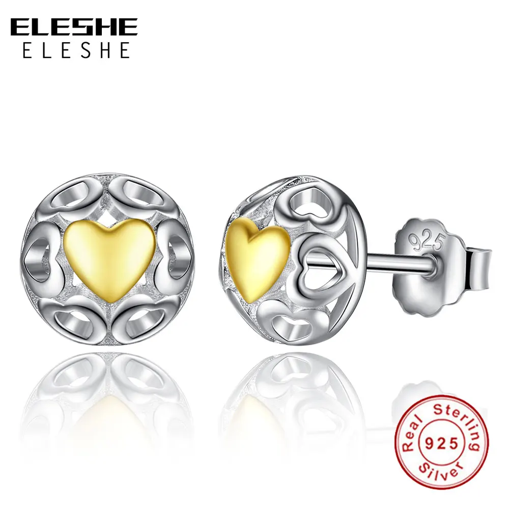 

ELESHE Luxury Yellow Gold Openwork Heart Stud Earrings for Women 100% 925 Sterling Silver Earrings Wedding Jewelry Bijoux Gift