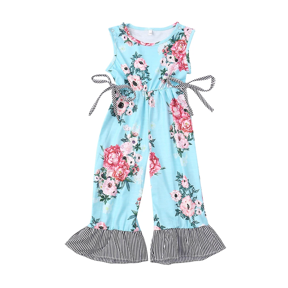 

Baby Overalls Girls Jumpsuit Flower Print SkyBlue Flare Wide Leg Pants Elastic Waist Kids Fashion Children Clothing Summer
