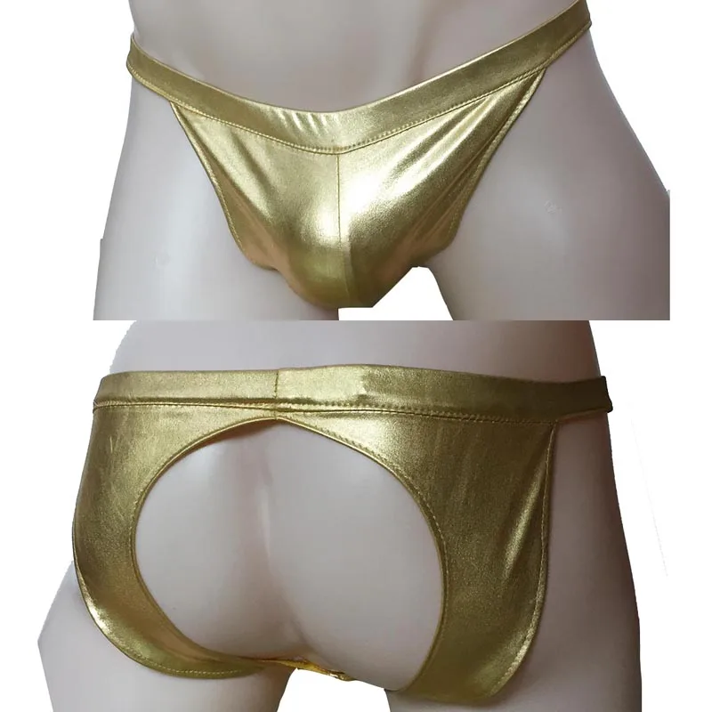 

Hot Sexy Gold Metallic Shiny Brief for Men with Open Back Kinky Bikini Underwear Under Pants Lingerie for Him Night Club Wear