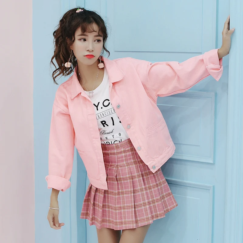 Korean BF Loose Pink Denim Jacket For Women Short Jackets Women Pink