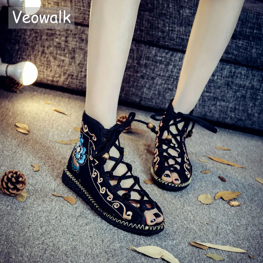Сандалии Veowalk женские с открытым носком парусиновые босоножки гладиаторы