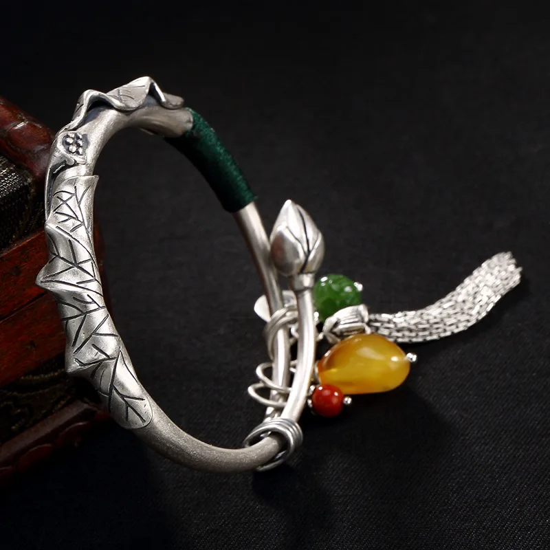 Винтажный 999 тонкий серебряный этнический Лотос браслет с кисточками для женщин драгоценный камень натуральные стерлинговые серебряные браслеты из манжеты Bijoux браслет