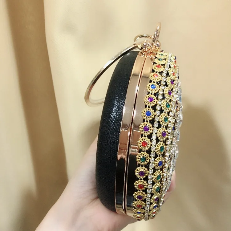 Side View of Black Luxy Moon Round Rhinestone Evening Bag