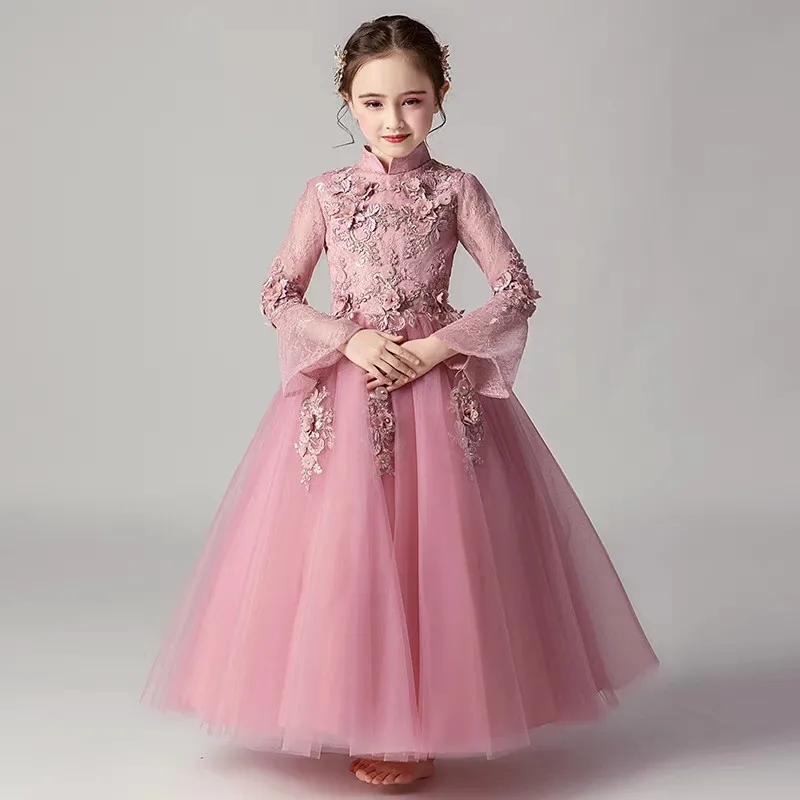 Детское элегантное кружевное платье принцессы из тюля на Рождество и день рождения для девочек; модное платье с длинными рукавами и цветочным принтом для подростков