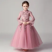 Детское элегантное кружевное платье принцессы из тюля на Рождество и день рождения для девочек; модное платье с длинными рукавами и цветочным принтом для подростков