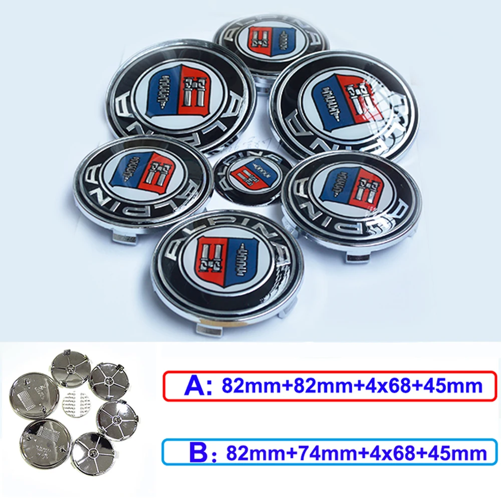 7 pcs ALPINA Head Hood Emblem Rear Trunk Label Wheel Hub Cap Steer Wheel Cover Front